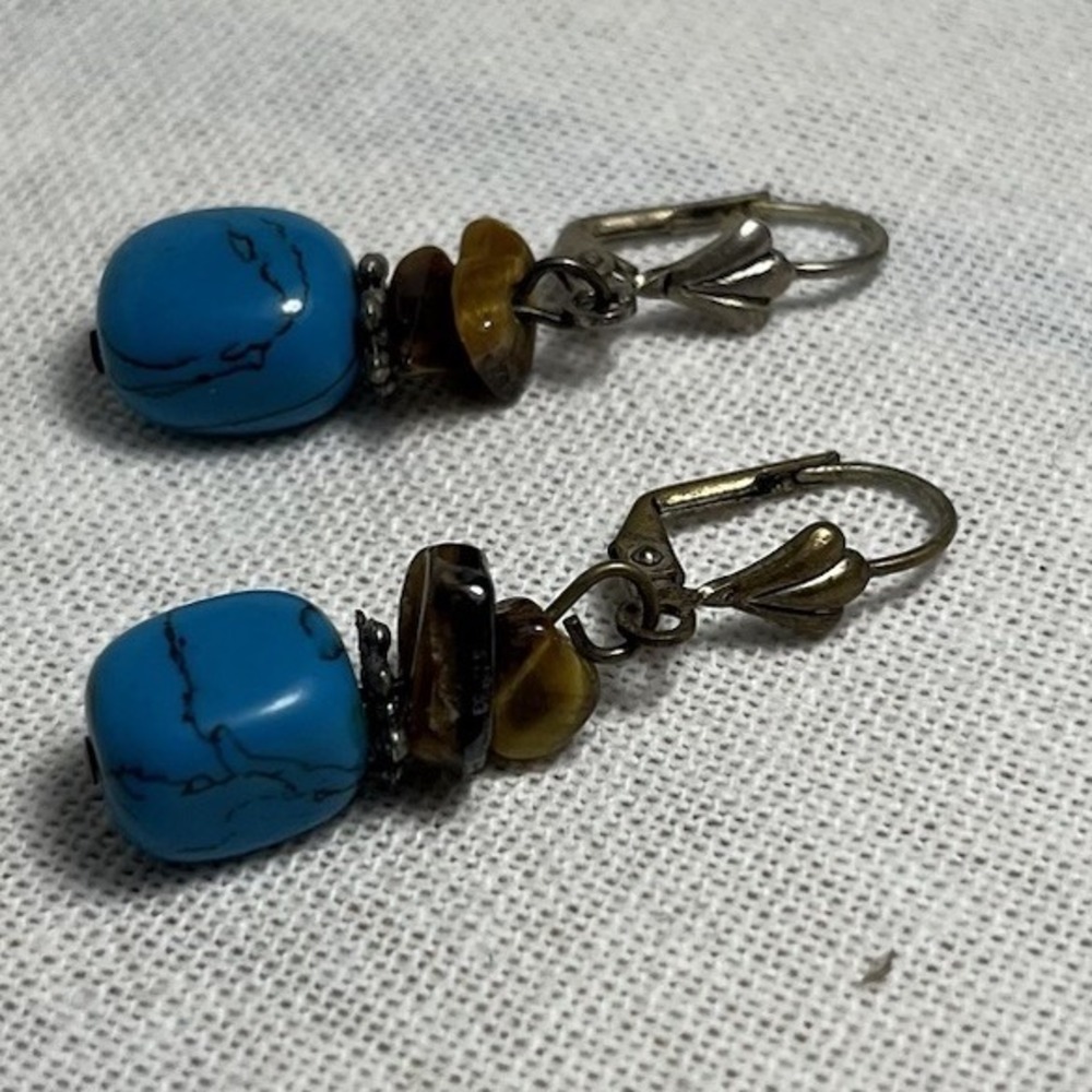 Native Dangle Earrings Beaded Natural Stones Tigers Eye Western Cowboy